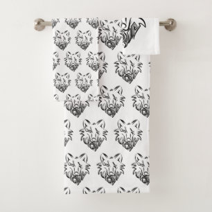 Schwarz-Weiß-Stammes-Wolf Badhandtuch Set