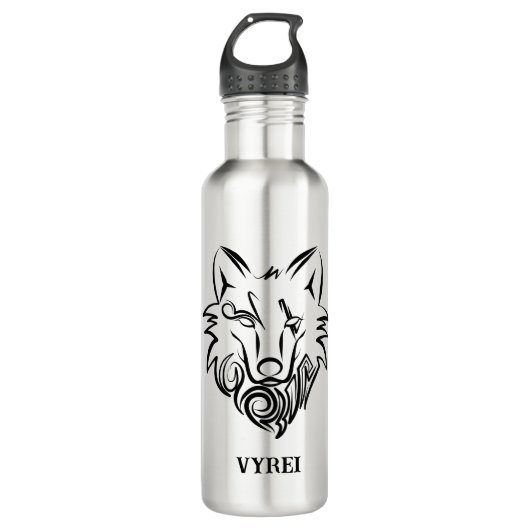 Schwarz-Weiß-Stammes-Wolf Edelstahlflasche (Vorderseite)