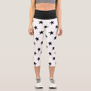 Schwarz-Weiß-Sterne Muster Capri Leggings