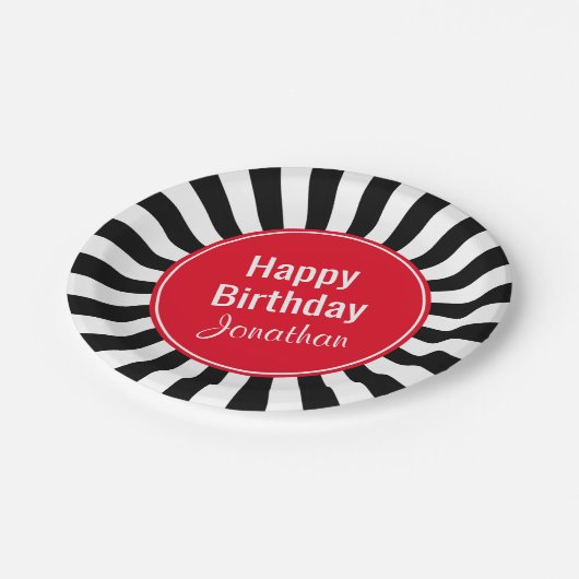 Schwarz-Weiß-Sternexplosion Streifen für jeden Fal Pappteller (Schrägansicht)