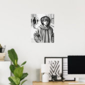 Schwarz-Weiß-Stift Zeichne Sad Boy AI Art Poster (Heimbüro)