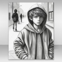 Schwarz-Weiß-Stift Zeichne Sad Boy AI Art Poster