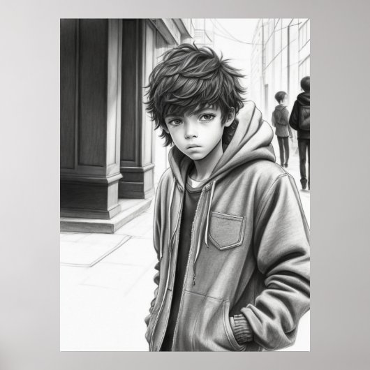 Schwarz-Weiß Stift Zeichnend Junge AI Generierte K Poster (Vorne)