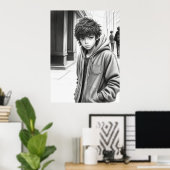 Schwarz-Weiß Stift Zeichnend Junge AI Generierte K Poster (Heimbüro)