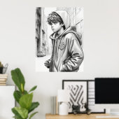 Schwarz-Weiß Stift Zeichnend Junge AI Generierte K Poster (Heimbüro)