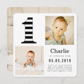 Schwarz/Weiß Streifen 1. Geburtstag Foto-Karten Einladung (Vorne/Hinten)