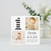 Schwarz/Weiß Streifen 1. Geburtstag Foto-Karten Einladung (Stehend Vorderseite)