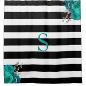 Schwarz-weiß Streifen Aquamarine Silver Floral Mon Duschvorhang (Vorderseite)