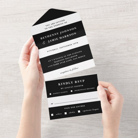 Schwarz-Weiß-Streifen auf einer Hochzeit einladen All In One Einladung (Abreißen)