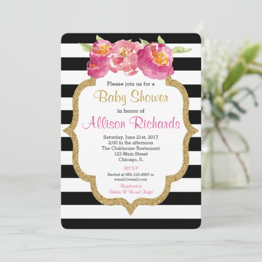 Schwarz-Weiß-Streifen Babydusche Einladung (Stehend Vorderseite)