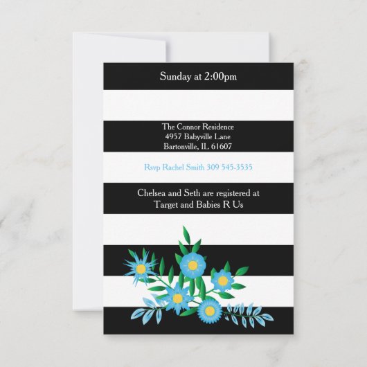 Schwarz-Weiß-Streifen| Blauer Blume| Babydusche Einladung (Rückseite)
