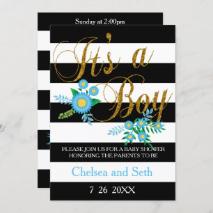 Schwarz-Weiß-Streifen Blauer Blumen Babydusche Einladung