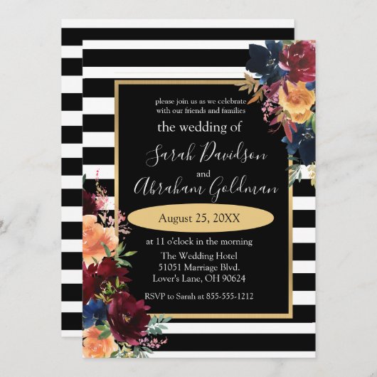 Schwarz-Weiß-Streifen Blume Hochzeit der roten Mar Einladung (Vorne/Hinten)