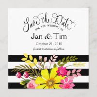 Schwarz-weiß Streifen Blume Save the Date gelb