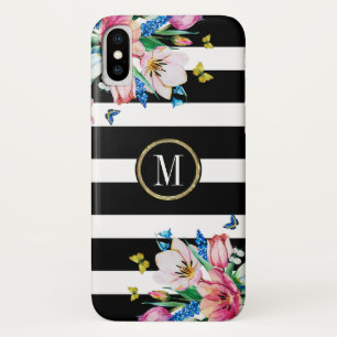 Schwarz-Weiß-Streifen & Blume & Schmetterlinge Case-Mate iPhone Hülle