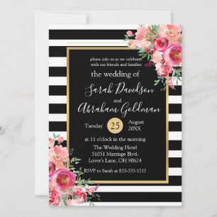 Schwarz-Weiß-Streifen Blumen Rosen Hochzeit  Einladung