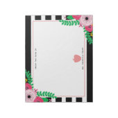 Schwarz + Weiß Streifen Blumenrosa Apfellehrer Notizblock (Rotiert)