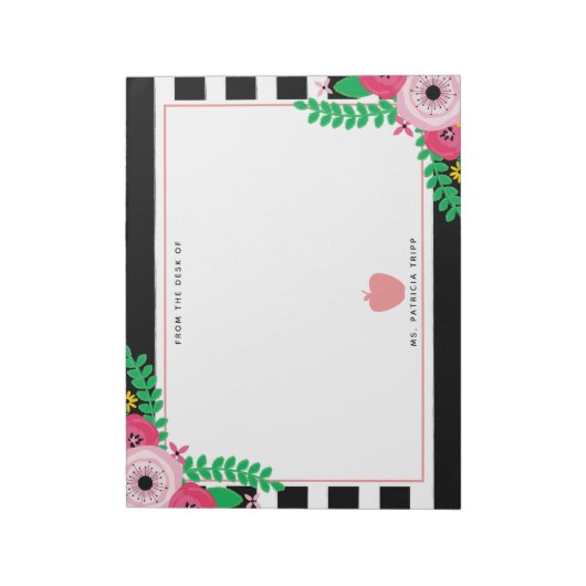 Schwarz + Weiß Streifen Blumenrosa Apfellehrer Notizblock (Rotiert)