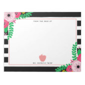 Schwarz + Weiß Streifen Blumenrosa Apfellehrer Notizblock (Vorderseite)