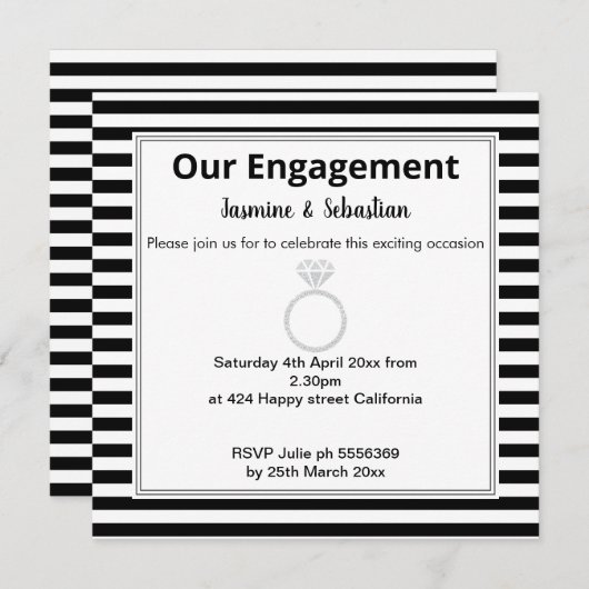Schwarz-Weiß-Streifen Diamantring Verlobung Einladung (Vorne/Hinten)