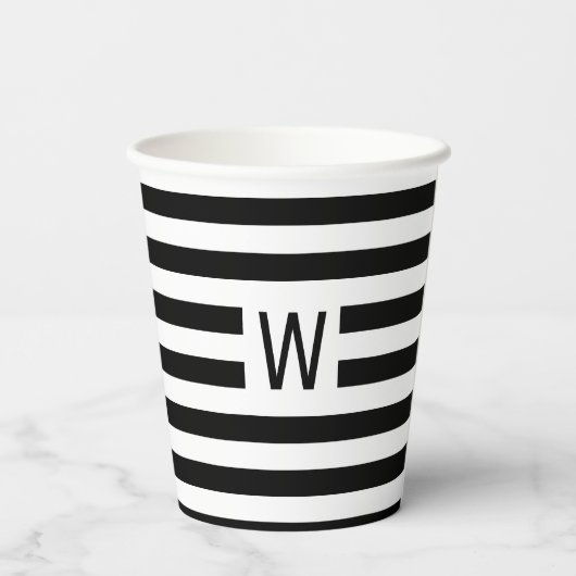 Schwarz-Weiß-Streifen Einfach Mit Monogramm Pappbecher (Rückseite)