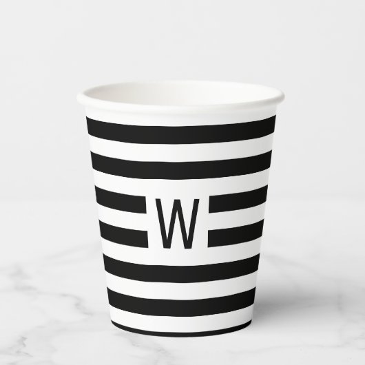 Schwarz-Weiß-Streifen Einfach Mit Monogramm Pappbecher (Vorderseite)