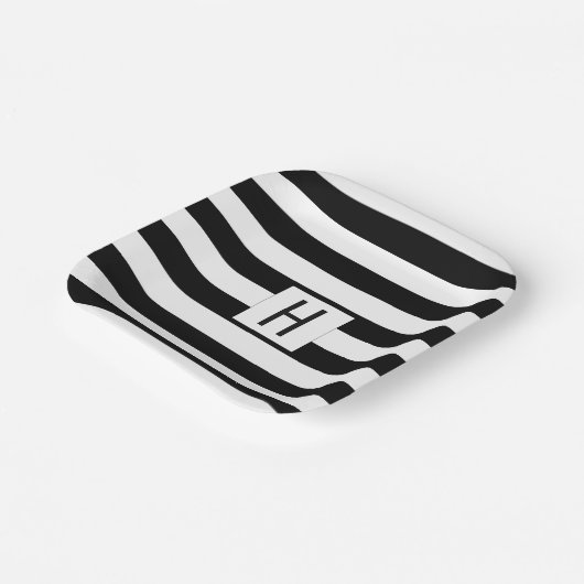 Schwarz-Weiß-Streifen Einfach Mit Monogramm Pappteller (Gewinkelt)