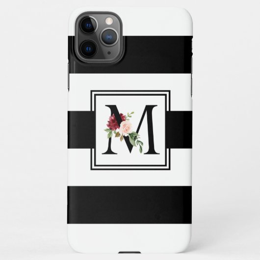 Schwarz-Weiß-Streifen Floral Monogramm iPhone Hülle (Rückseite)