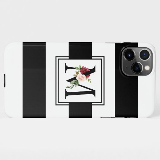 Schwarz-Weiß-Streifen Floral Monogramm iPhone Hülle (Rückseite (Horizontal))