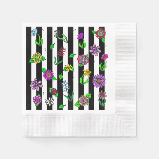 Schwarz-Weiß-Streifen floral whimsical Serviette (Vorderseite)