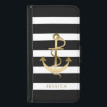 Schwarz/Weiß Streifen Gold Anker für Wasserfahrzeu Geldbeutel Hülle Für Das Samsung Galaxy S5<br><div class="desc">Weiße und schwarze Streifen Muster mit goldenen Farben nautische Bootsanker Abbildung. Anpassbare Monogramm. Anpassbare Ankergröße.</div>