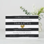 Schwarz-Weiß-Streifen Gold Geburtstag des Herzens Einladung (Stehend Vorderseite)