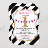 Schwarz-Weiß-Streifen Gold Glitzer Erster Geburtst Einladung (Vorne/Hinten)