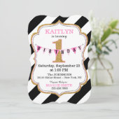 Schwarz-Weiß-Streifen Gold Glitzer Erster Geburtst Einladung (Stehend Vorderseite)