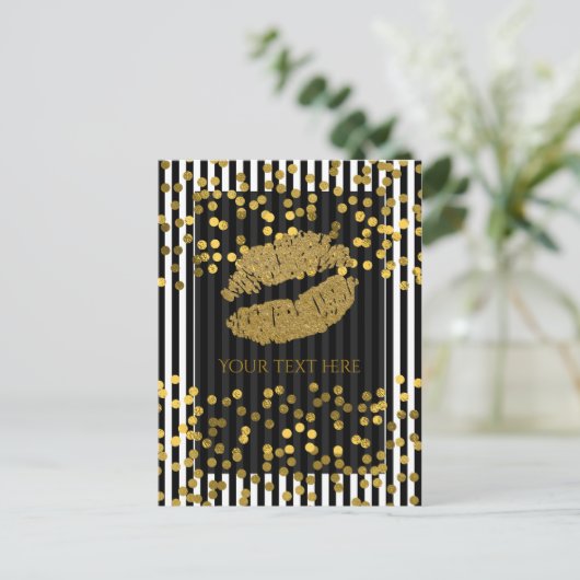 Schwarz-Weiß-Streifen Gold-Imitate Foil-Punkte Postkarte (Stehend Vorderseite)