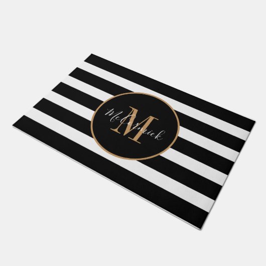 Schwarz-Weiß Streifen Gold Monogramm Fußmatte (Schrägansicht)