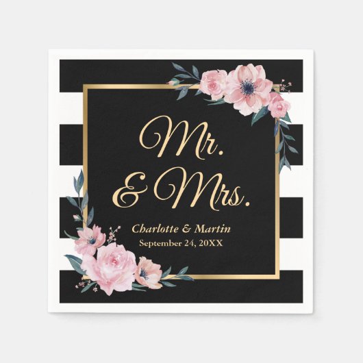 Schwarz-Weiß Streifen Gold Rosa Blumenzehen Serviette (Vorderseite)