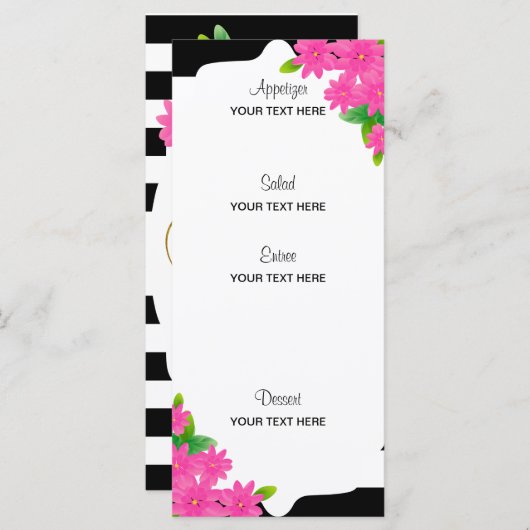 Schwarz-Weiß-Streifen, Gold | Rosa Menü Menükarte (Vorne/Hinten)
