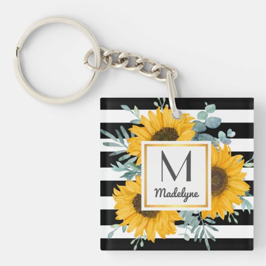 Schwarz-weiß Streifen Gold Sonnenblumen Personalis Schlüsselanhänger (Vorderseite)