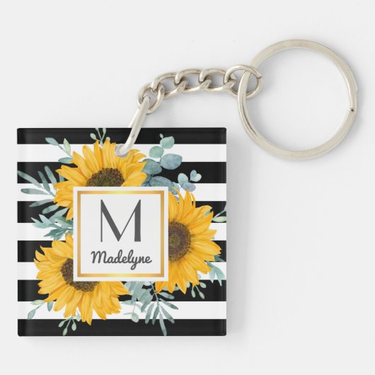 Schwarz-weiß Streifen Gold Sonnenblumen Personalis Schlüsselanhänger (Rückseite)