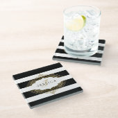 Schwarz-Weiß Streifen, goldene Rahmen Glasuntersetzer (Schrägansicht)