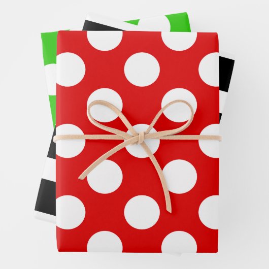 Schwarz-Weiß-Streifen Grüner Polka-Dot Geschenkpapier Set (Beispiel)