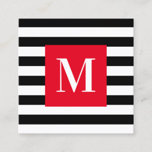 Schwarz-Weiß-Streifen Helles Rot Monogramm Quadratische Visitenkarte