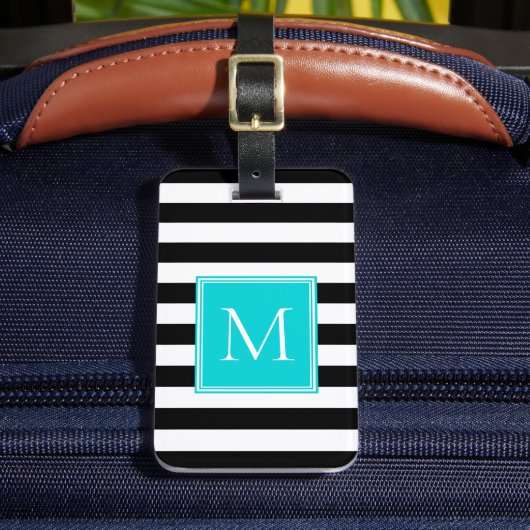 Schwarz-Weiß-Streifen mit Aqua-Monogramm Gepäckanhänger (Vorderseite Insitu 2)