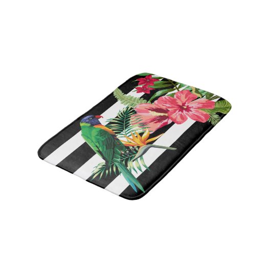Schwarz-Weiß-Streifen mit Blume und Papagei Badematte (Schrägansicht)