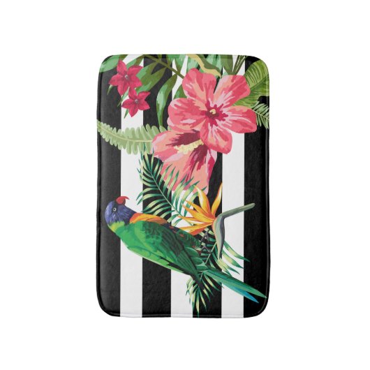 Schwarz-Weiß-Streifen mit Blume und Papagei Badematte (Vorderseite Vertikal)