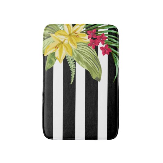 Schwarz-Weiß-Streifen mit gelben Blumen Badematte (Vorderseite Vertikal)