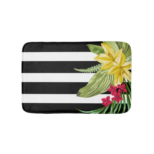 Schwarz-Weiß-Streifen mit gelben Blumen Badematte (Vorderseite)