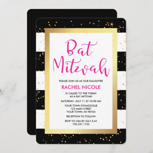 Schwarz-Weiß-Streifen mit Gold-Bat Mitzvah Einladung (Vorne/Hinten)