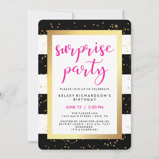 Schwarz-Weiß-Streifen mit goldenem Überraschungs-P Einladung (Vorderseite)